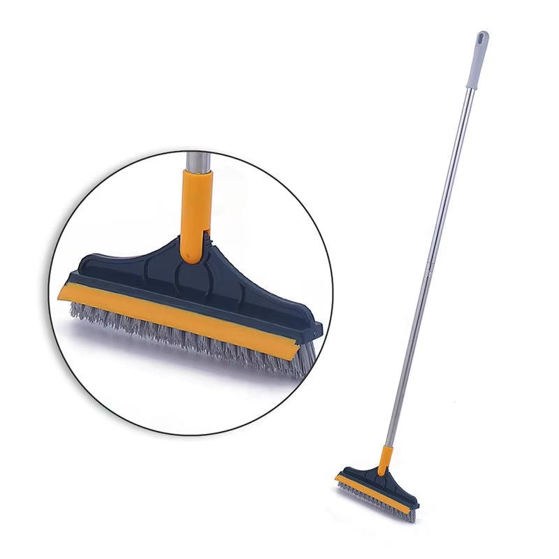Rotating Floor Scrub Brush Long Handle Windows Squeegee Stiff Bristle Broom Mop 2In1 for Bathroom Kitchen Floor Crevice Cleaning